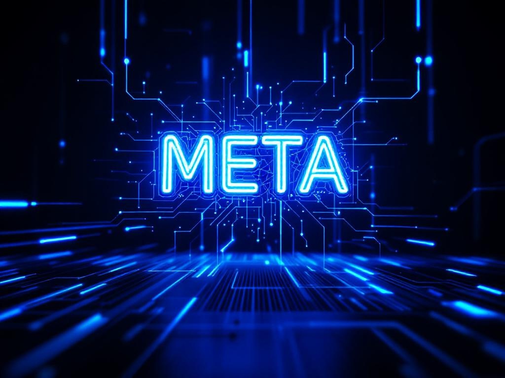 Meta AI logo glowing against a dark futuristic neural network backdrop
