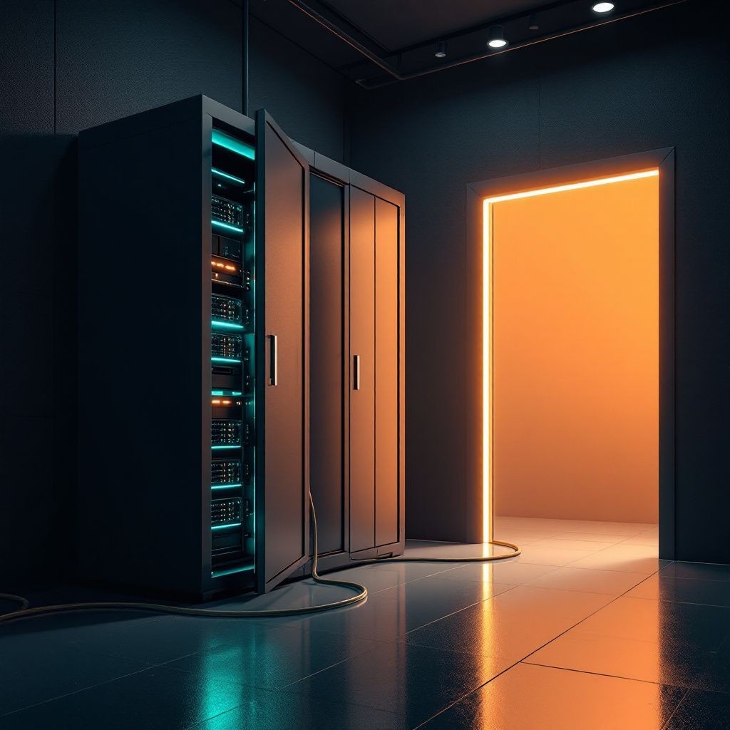 Conceptual illustration of a teal-lit open server cabinet with cables trailing toward an amber-lit doorway