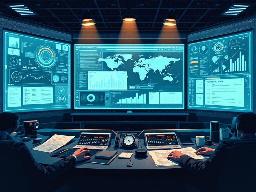 A tense operations room with legal documents, safety filter controls, and surveillance maps projected behind a glowing AI system