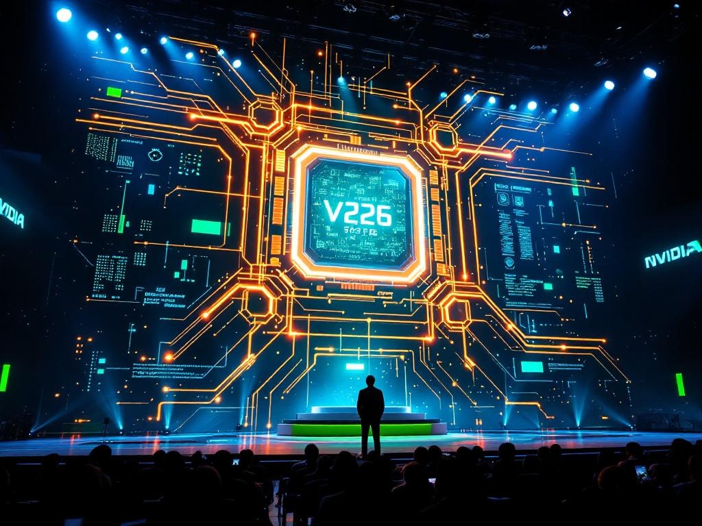 Nvidia GTC 2026 keynote stage with AI and robotics displays