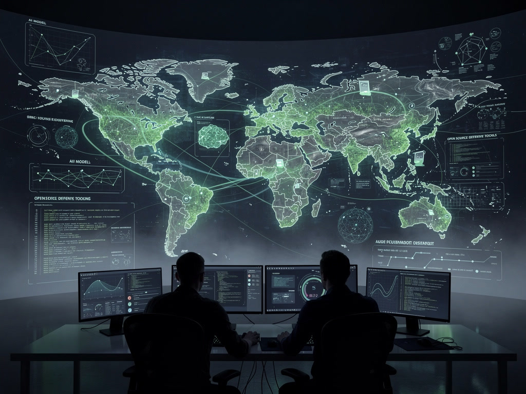 Two security researchers facing a huge glowing world map filled with AI network traces, audit overlays, and open defensive tooling in a dark control room