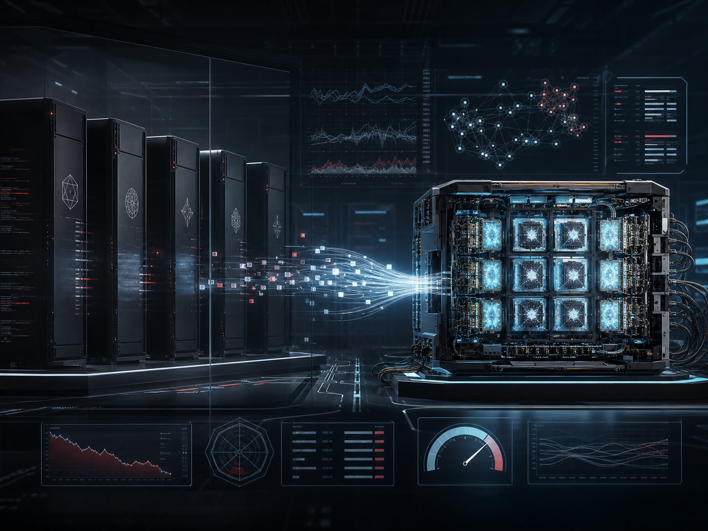 A dark engineering lab where sealed frontier model towers face an open modular AI machine connected by glowing token streams and benchmark dashboards