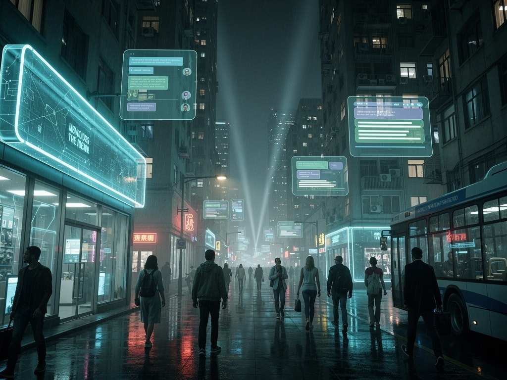 A futuristic city at night lit by giant floating chat windows and teal data streams, with ordinary people using AI like everyday infrastructure