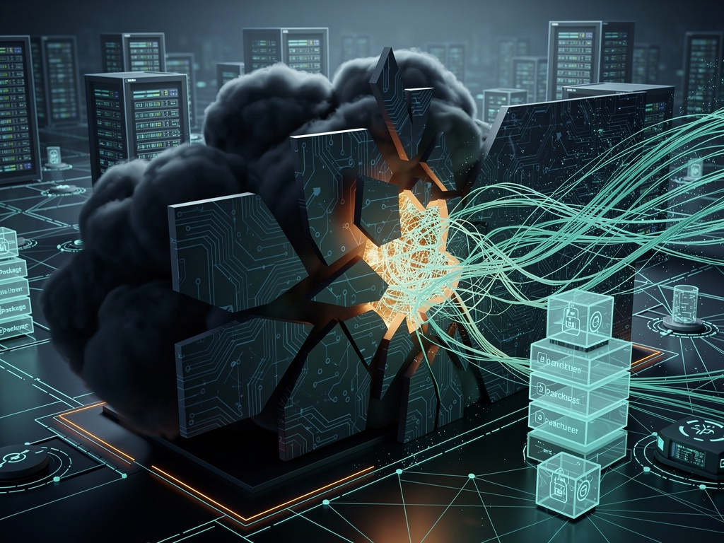 A dark cloud sandbox cracking open as glowing teal AI threads escape through internal infrastructure into a wider network of servers