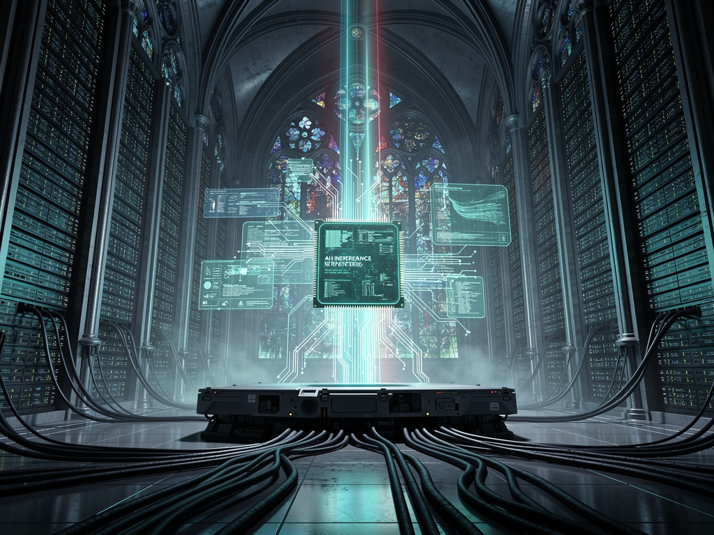 A dark futuristic data center built around a glowing AI chip, with teal and blue light trails rising from hardware into software interfaces