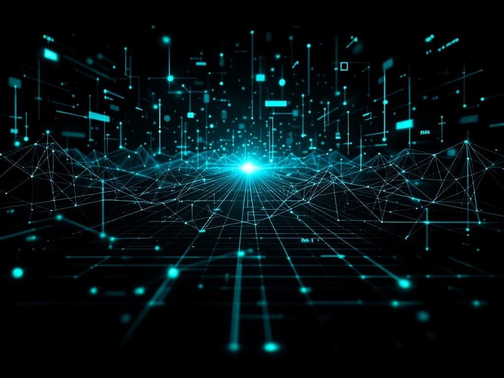 A dark editorial illustration of glowing geometric point networks and lattice lines spilling out of a terminal into a mathematics chalkboard