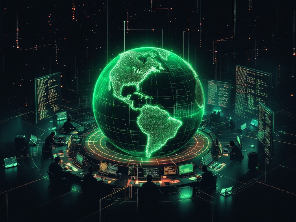 A dark globe made of open-source code and network lines being stitched together by bright green repair paths while security engineers work beneath massive terminals
