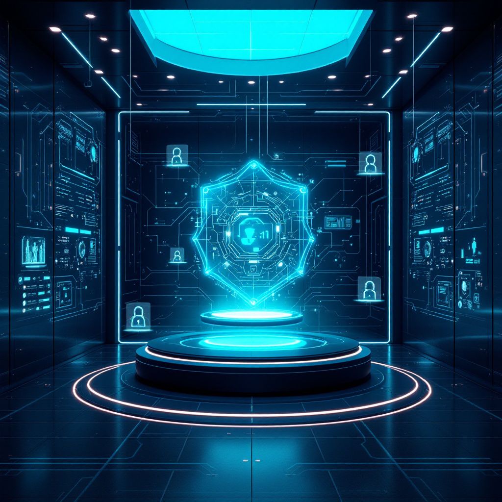 A dark futuristic control room with glowing teal privacy boundaries, sealed data vaults, and a hovering AI interface above protected systems