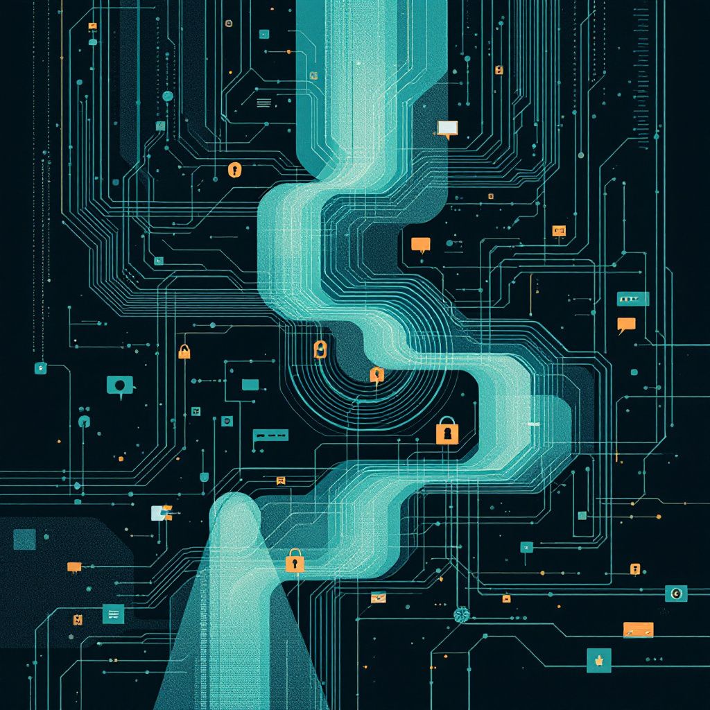 Layered streams of conversations flowing through encrypted checkpoints and private monitoring boundaries on a dark teal background