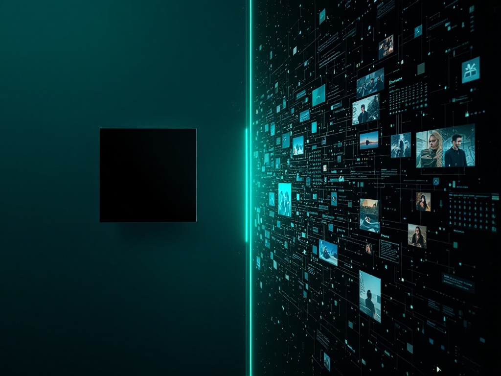 A split-screen concept showing a sparse text prompt interface on one side and a rich personal context graph feeding an AI image model on the other