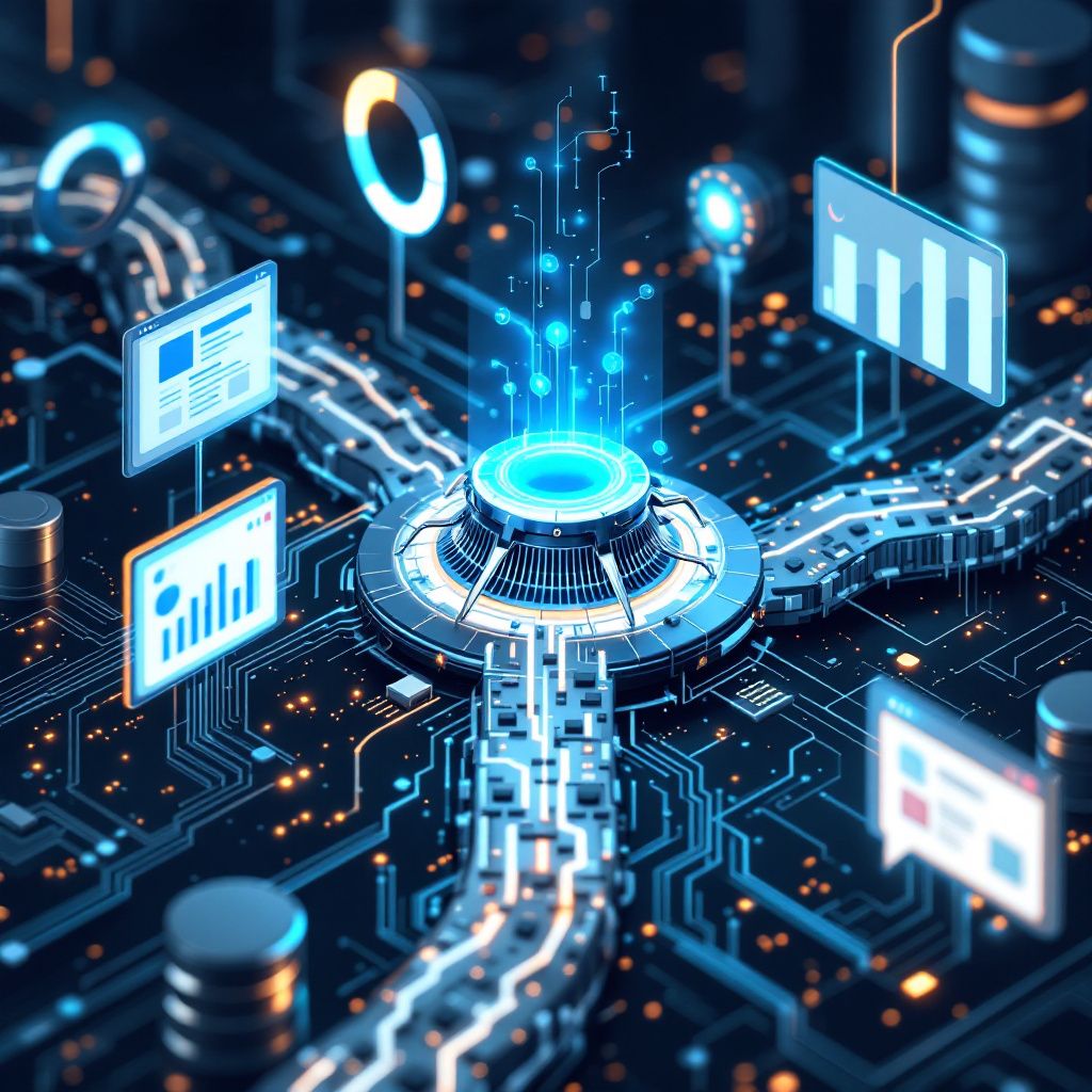 A single web crawler splitting into separate paths for search, AI training, and agent actions through a dark digital city