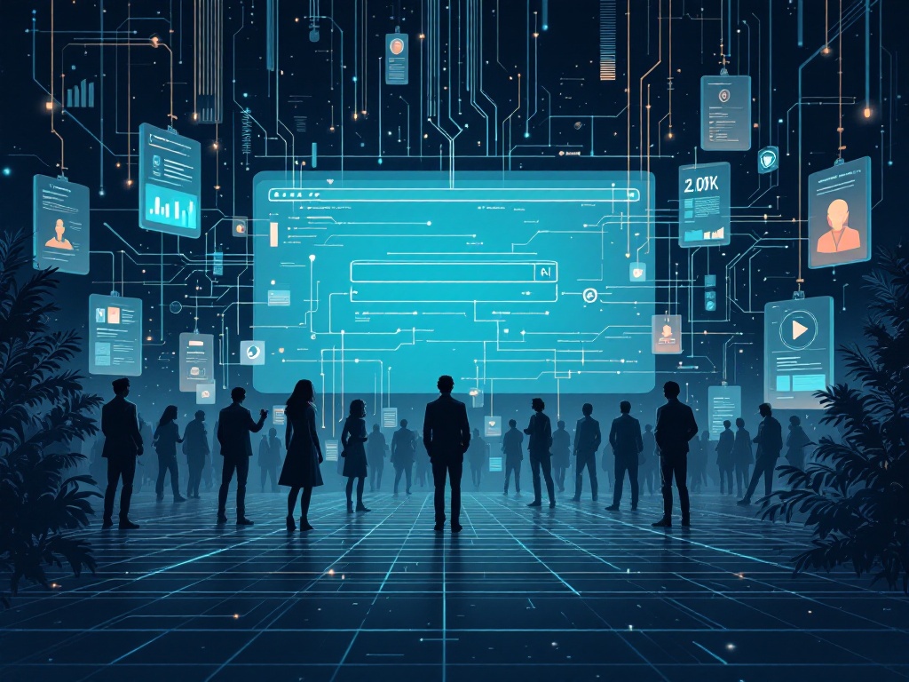 A dark editorial illustration of a giant AI search interface facing a crowd of publishers and article cards pushing bright links back through the system