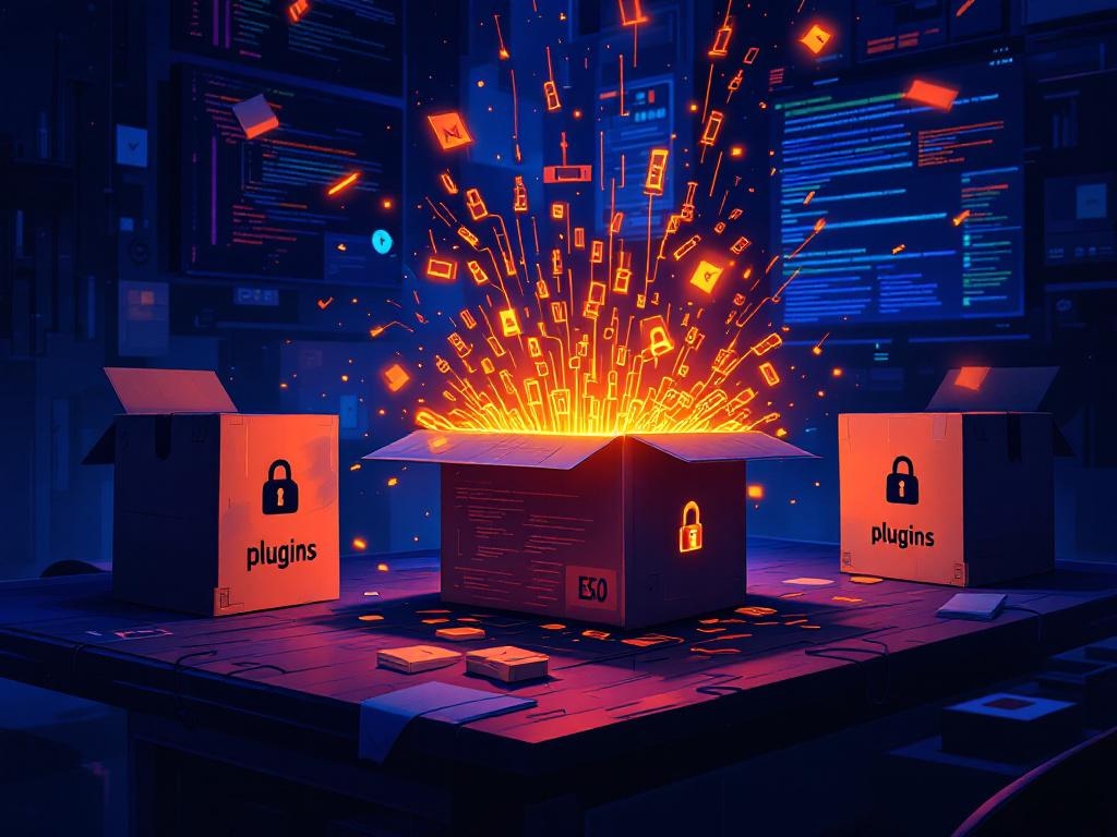 A software marketplace auction where plugin boxes hide a glowing backdoor and black-hat SEO spam