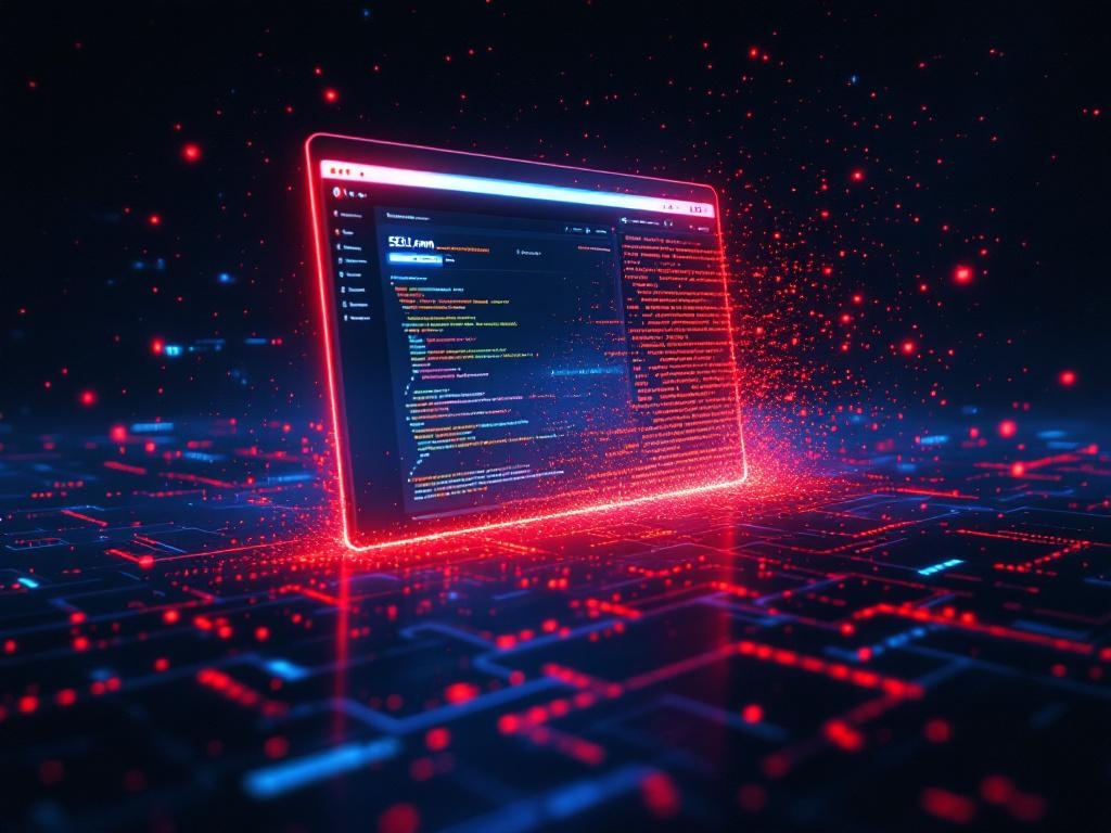 A dark WordPress plugin dashboard dissolving into malicious red code and hidden spam pages