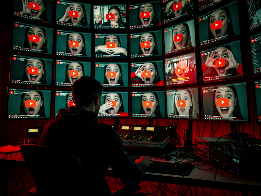 A dark control room filled with endless identical video thumbnails while a lone creator stares at the wall of synthetic sameness