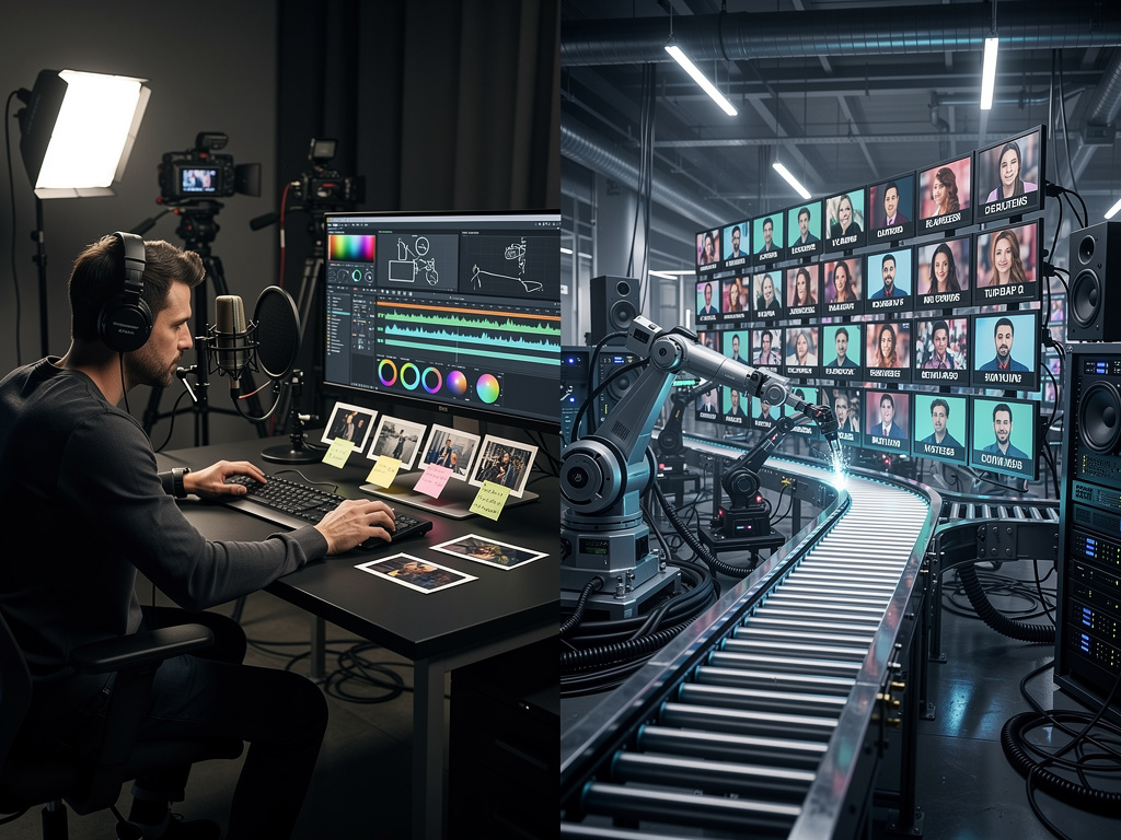 A split scene showing a human creator carefully editing on one side and an automated content farm assembly line churning out identical videos on the other